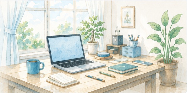 窓辺のデスクにノートPCや植物、文房具が並ぶ静かな制作室