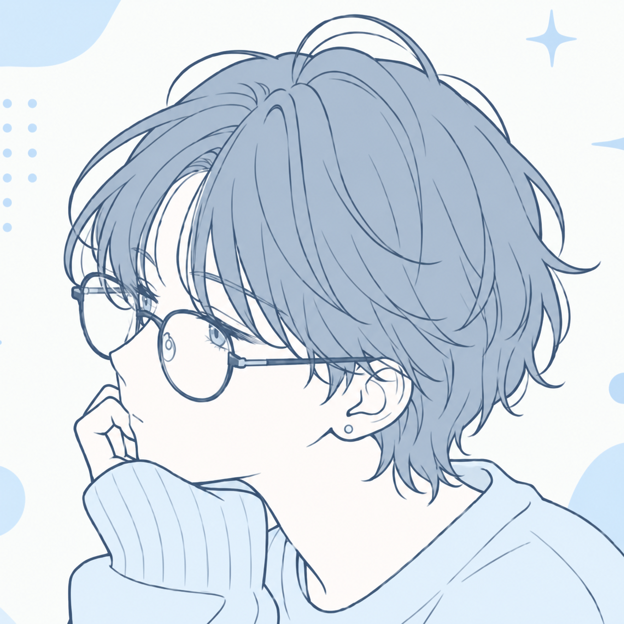 眼鏡をかけて頬に手を添えた、水色系のプロフィールイラスト