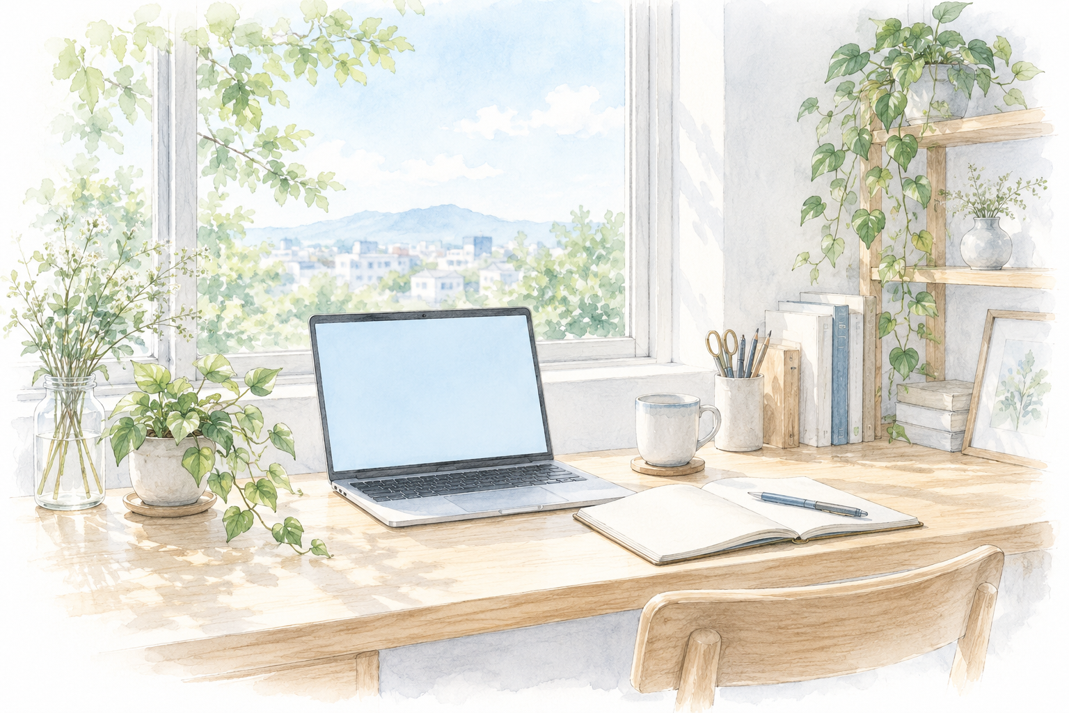 窓から光が差し込む、ノートPCと文房具、植物が並ぶ静かな制作室